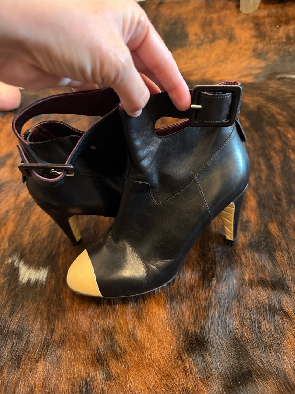CHANEL Black Leather Ankle Booties with Beige Cap Toe. Great condition
